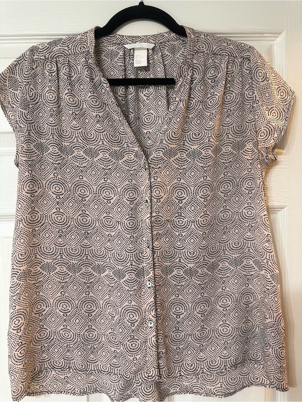 H&M Blush Pink and Black Printed Cap-Sleeve Button Front Blouse